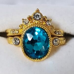 Blue Zircon princess crown gold stack rings size 6.5 NWT
